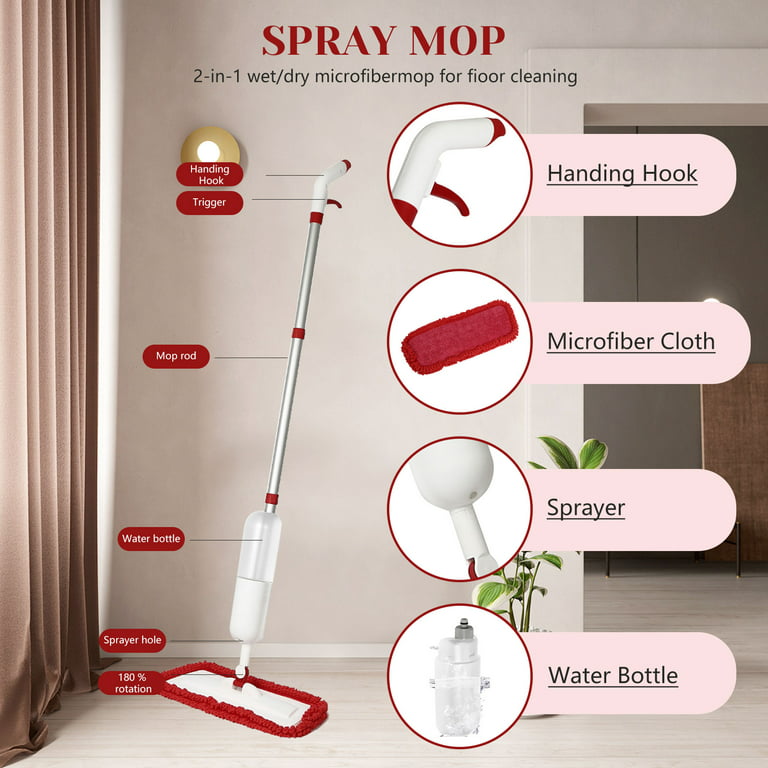 Spray Mop Sets Mops for Floor Cleaning Home or Commercial Wet Dry Mop with  400ml Refillable Bottle & 3 Microfiber Pads & 1 Scraper for hardwood