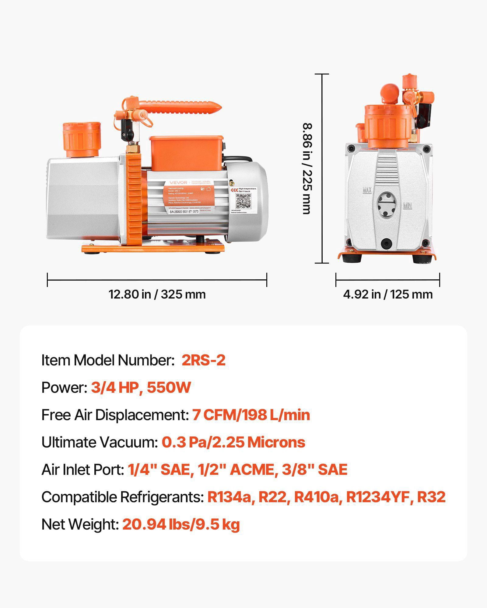 7 CFM 3/4 HP Two Stage Rotary Vane AC Vacuum Pump for HVAC R134a R22 R410a R1234YF R32 Refrigerants 4 Pole Motor Automotive AC Maintenance Degassing Oil Containing Resins