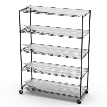 COOKCOK 5-Tier Wire Shelving Unit, 600lbs Heavy Duty Adjustable Metal Storage Shelf with Wheels, 82" H x 60" L x 24" D Garage Shelf with PE Mat, Leveling Feet, NSF Certified, Black