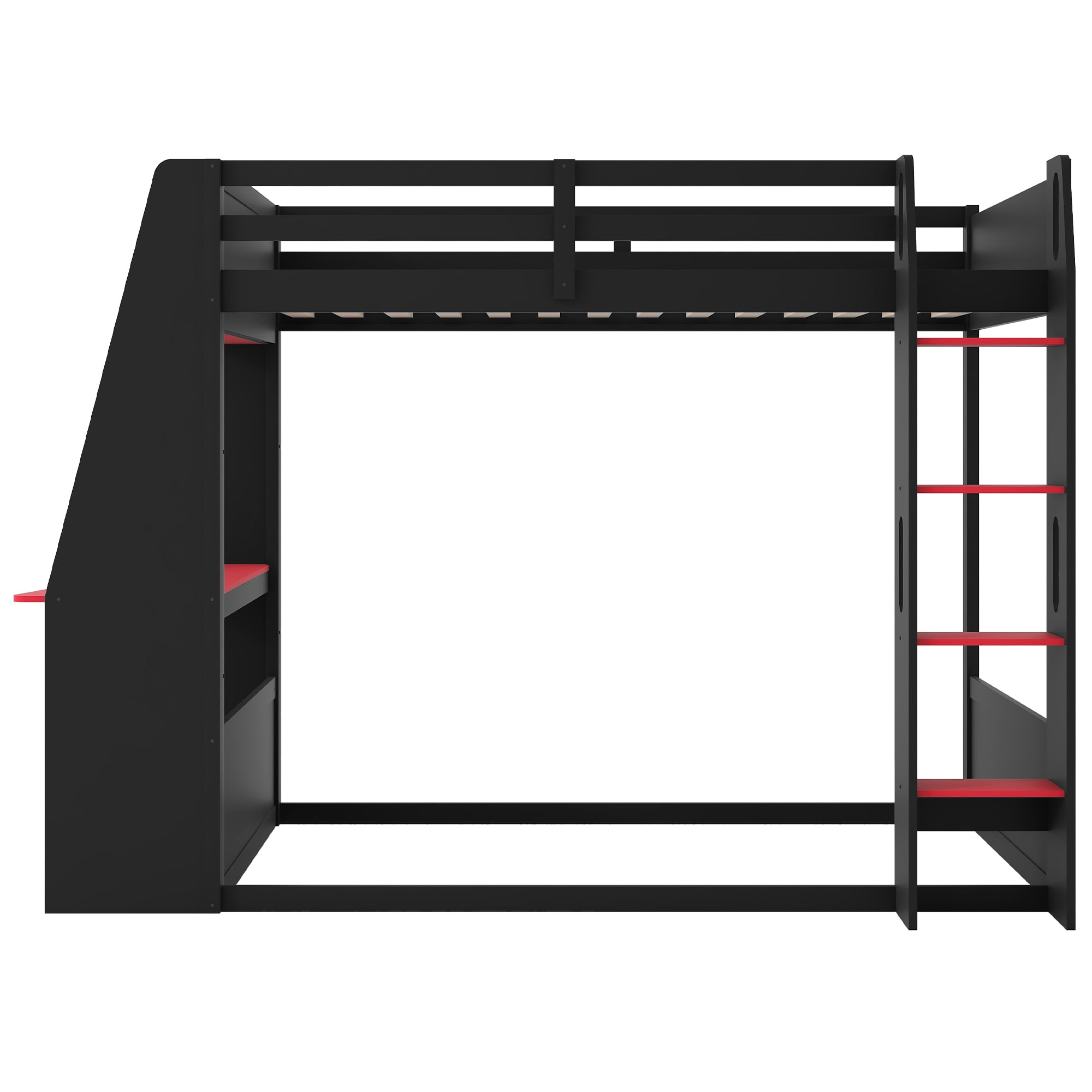 Euroco Wood Twin Size Bunk Bed with Desk and Shelves, Gaming Bed with LED Light and USB Charging, Red