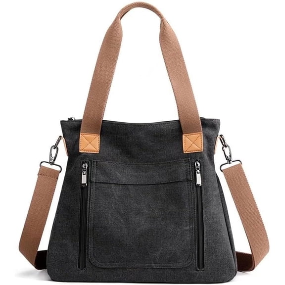Women's Large Canvas Tote Bag, Casual Hobo Shoulder Handbag, Multi Pocket Work Shopper Purse with Detachable Adjustable Crossbody Strap