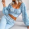 thumbnail image 1 of Back Tie Up Crop Top, Lantern Long Sleeve Top Breathable Ruffles Elegant  Polyester Square Neck Adjustable  For Shopping Blue L, 1 of 8
