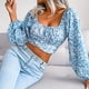thumbnail image 4 of Blusa corta con estampado floral y cuello cuadrado y manga larga con lazo en la espalda para mujer Azul M, 4 of 9