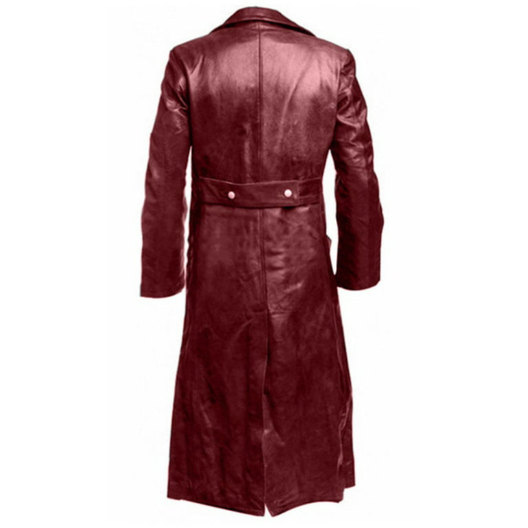 Slim-Fit PU Leather Trench Coat