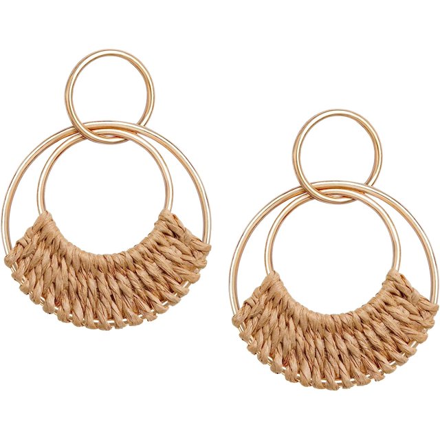 Raffia Hoop Earrings for Women Girls Fun Boho Summer Beach Earrings Lightweight Handmade Straw Wicker Rattan Dangle Earrings Statement Geometric Round Drop Earrings