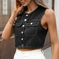 thumbnail image 2 of Uaswgudfs ​Cropped Denim Vest: Women's Autumn Collarless Button-Front Jacket with Chest Pockets - Sleeveless Fitted Style​, 2 of 7