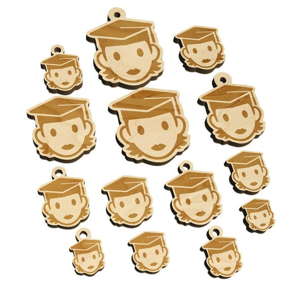 Occupation Student Graduate Cap Graduation Woman Icon Wood Mini Charms Shapes DIY Craft Jewelry - With Hole - Various Sizes (16pcs)