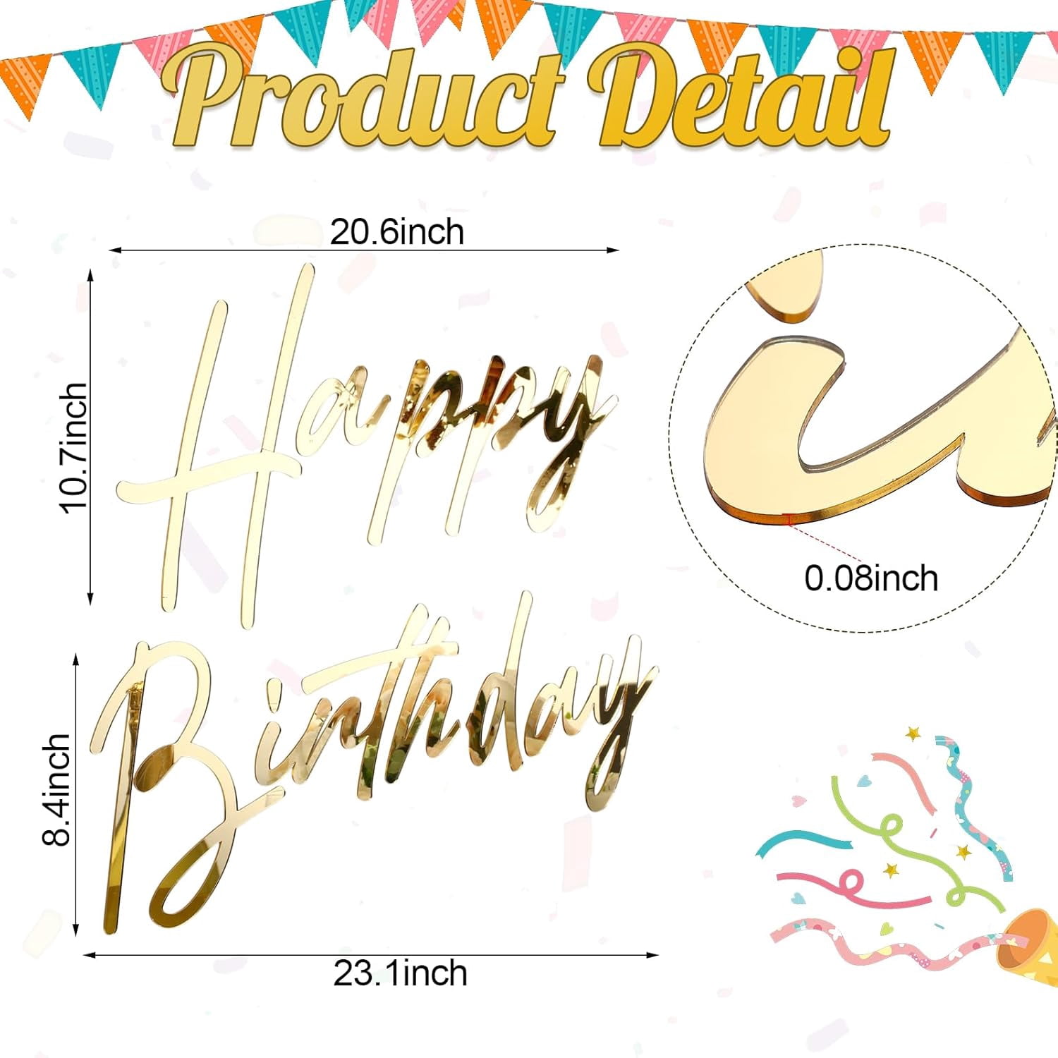 Happy Birthday Sign for Backdrop Large Happy Birthday Sticker Acrylic Mirror Decal Letter Sticker for Balloon Arch Party Sign Wall Decor, Peel Off The Acrylic Film