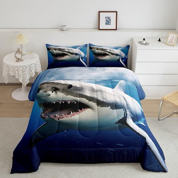 Juego de edredón infantil para niños y niñas,3D Shark Fish Down Comforter 3 Piece Hawaiian