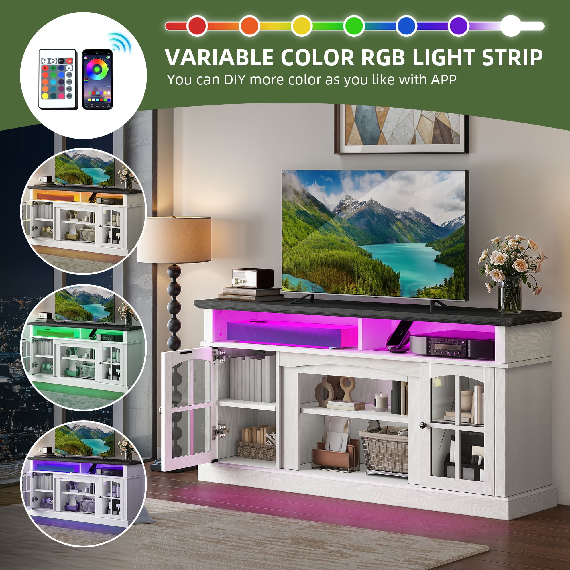 Uforic 66" Farmhouse TV Stand with LED Lights & Power Outlets, Tempered Glass Doors, Adjustable Shelves for Living Room for 75" TV, White