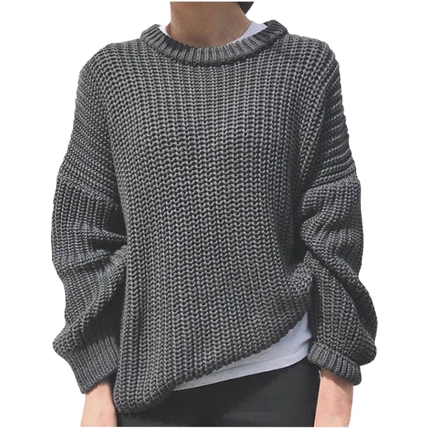 Suéter de cuello redondo para mujer, jersey holgado de moda, suéter de manga larga de color liso, tops, suéter para mujer