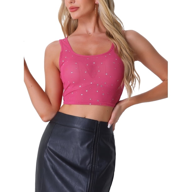 Top de malla transparente para mujer, con escote en forma de barco, estrellas brillantes, sin mangas, top corto de fiesta, rosa intenso, talla XS