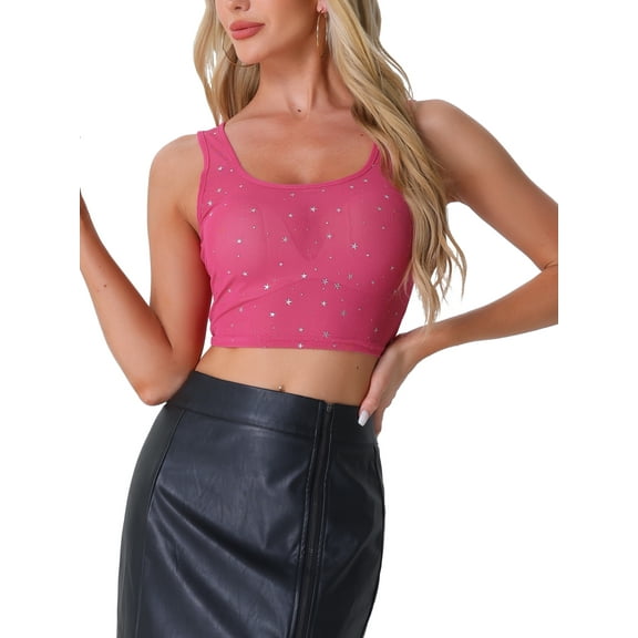 INSPIRE CHIC Sheer Mesh Top for Women's Scoop Neck Metallic Stars Sleeveless Party Crop Tank Top
