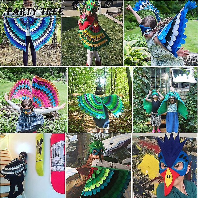 Juego de disfraces de alas de pájaros auspiciosos Capa de loro de pavo real de Halloween con máscara de fieltro Disfraces para niños