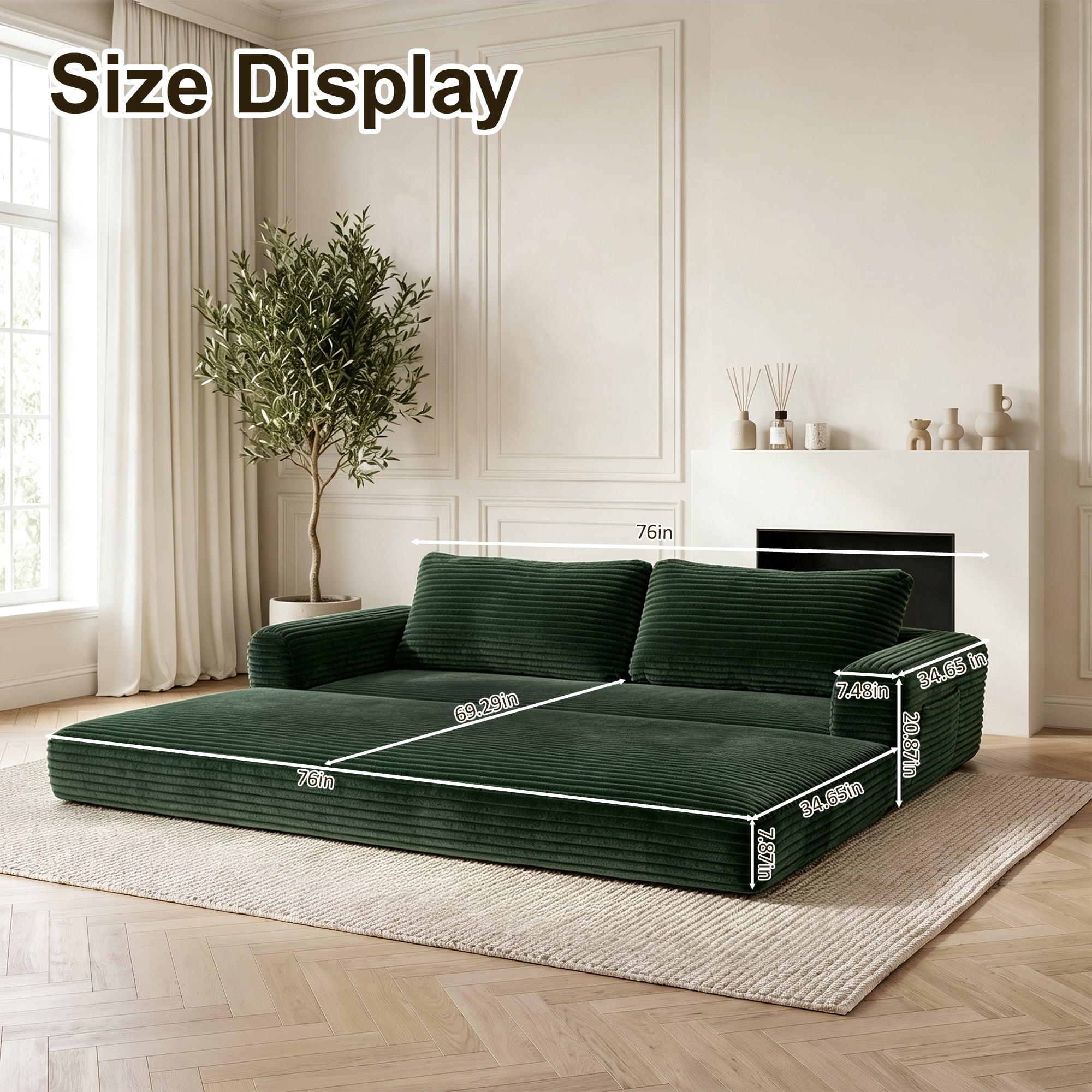 76" Convertible Futon Sofa Bed,Folding Boneless Floor Couch with Deep Seat,Cloud Corduroy Fold Out Sleeper Sofa with Memory Foam Cushion for Living Room,Bedroom,Green