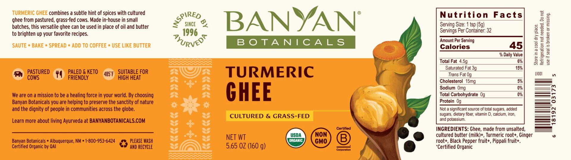 Banyan Botanicals Turmeric Ghee  Cultured Grass-Fed Organic Ghee (Clarified Butter) with Turmeric & Ginger  Oil & Butter Alternative for Cooking & Baking  5.65 oz  Non-GMO Gluten Free Vegetarian
