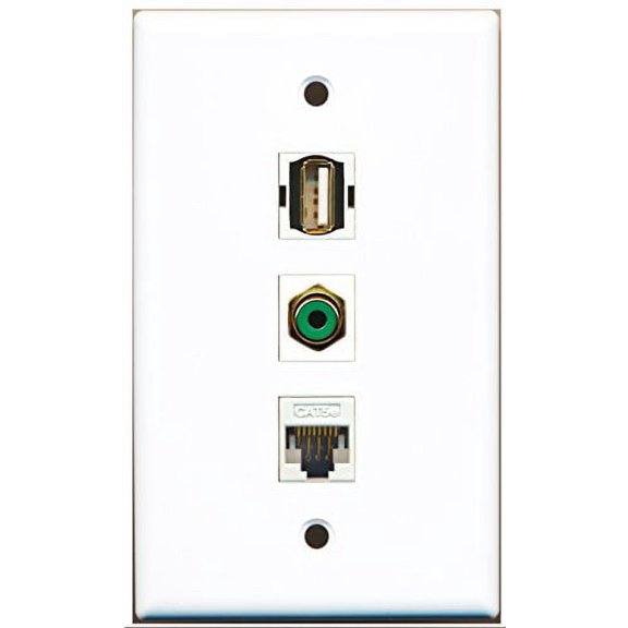 RiteAV - 1 Port RCA Green and 1 Port USB A-A and 1 Port Cat5e Ethernet White Wall Plate