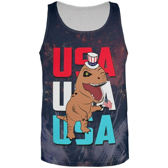 4th Of July USA Patriotic T-Rex All Over Mens Tank Top Multi 3X-LG