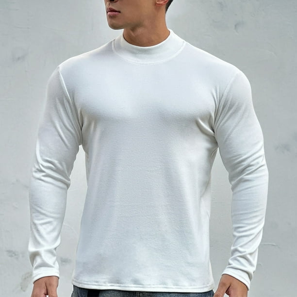 Blusa y camisa de cuello alto de manga larga para hombre, color liso, cálida y ajustada, cuello semialto, manga larga, base deportiva y fitness, top de poliéster para hombre.