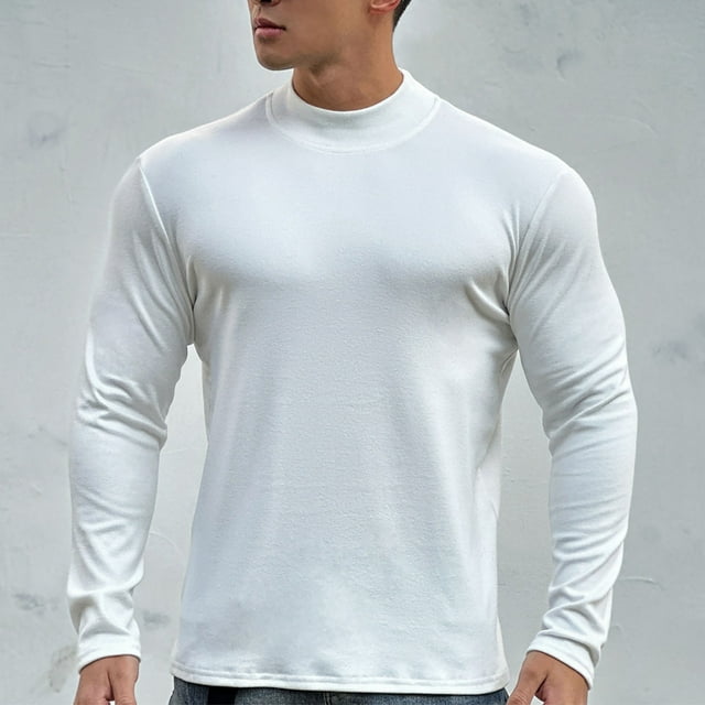 Blusa y camisa de cuello alto de manga larga para hombre, color liso, cálida y ajustada, cuello semialto, manga larga, base deportiva y fitness, top de poliéster para hombre.