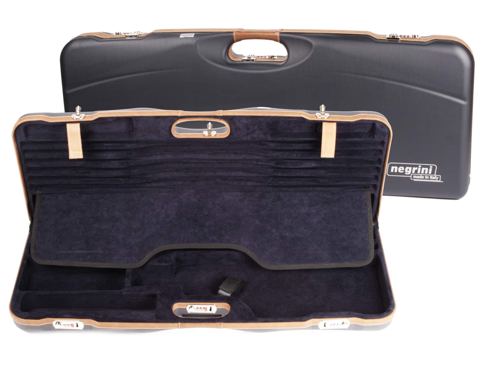 Negrini OU Deluxe Skeet Two Barrel Shotgun Case + Tube Set, Navy/Tobacco Leather/Navy Interior