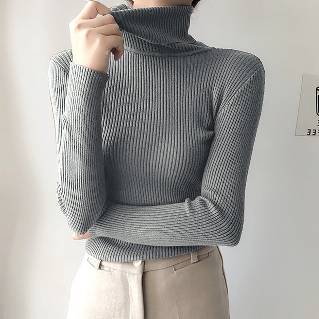 VgaVtl Pullover Womens Sweaters High Neck Long Sleeve Womens Sweaters Fall Layering Plain Knitted Gray Slim Sweaters