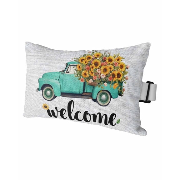 Welcome Outdoor Head Resting Pillows with Insert Summer Flowers Light Blue Truck Vintage Farmhouse 1 Pack Waterproof Lumbar Pillows with Adjustable Strap for Patio Recliner Beach Chair, 11"x16"