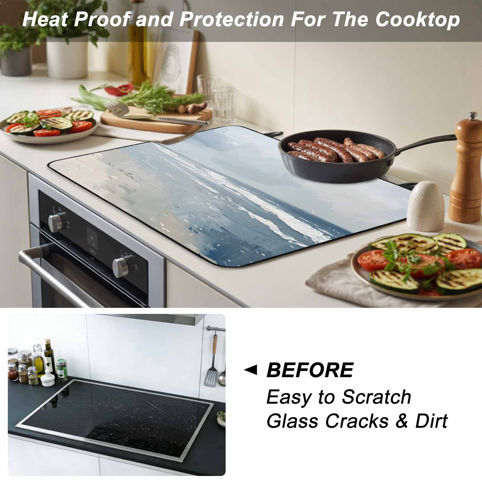 Blue Coastal Stove Top Cover for Electric Stove, Heat-proof & Non Slip Glass Top Stove Cover Protector, Seaside Summer Beach Nautical Kitchen Flat Cooktop Rubber Mat 24x21 Inches