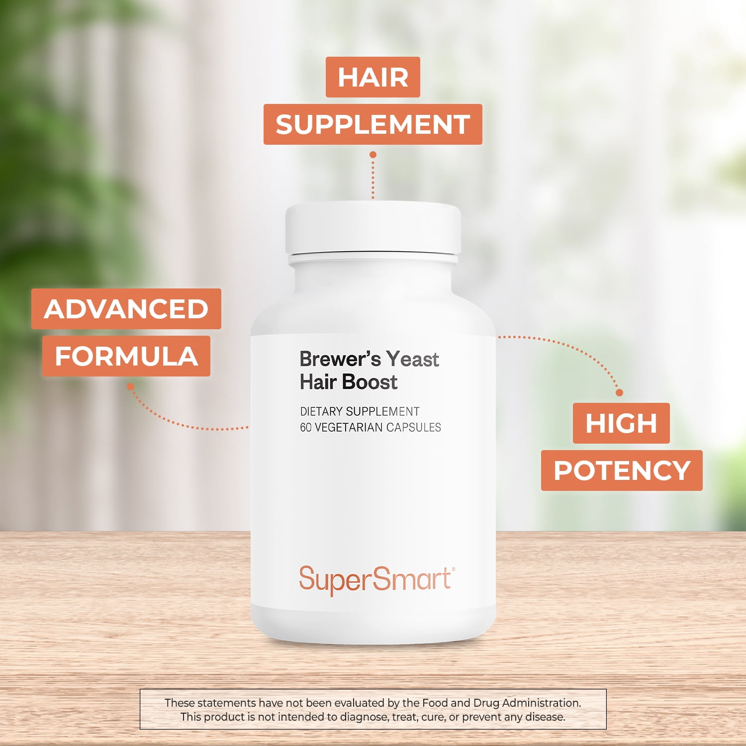 SuperSmart Brewer's Yeast Hair Boost (Advanced Formula) - with Saccharomyces Cerevisiae, Zinc, Biotin - Hair Supplement | Non-GMO - 60 Vegetarian Capsules
