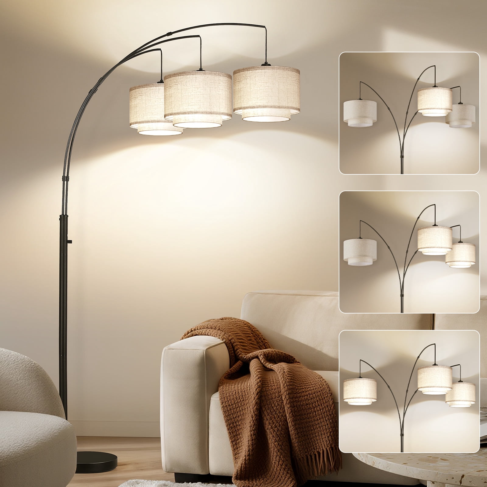 SUNMORY 3 Lights Tree Floor Lamp, 81.5" Tall Standing Lamp with Hanging Dual Drum Linen Shade, Modern Arc Floor Lamps with Heavy Base & 3 Bulbs, Mid Century Arched Floor Lamp for Living Room, Bedroom