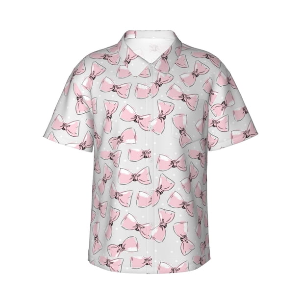Fotbe Cute Bow Tie Camisa Hawaiana para Hombre Unisex – Camisa Casual de Verano con Botones de Manga Corta de Algodón y Lino,Large