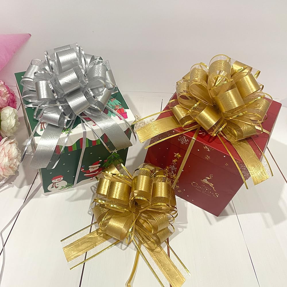 Pull Bows for Gift Wrapping,6 PCS Gold Gift Bow,6 inches Bow for Gift Basket,Gift Wedding Ribbon Bows for Wrapping Boxes or Flower Decorations(Gold)