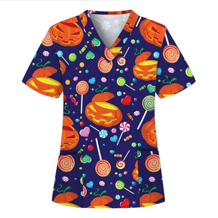 

Inkach Ladies Halloween Print V-Neck Pocket Short Sleeve Workwear Top