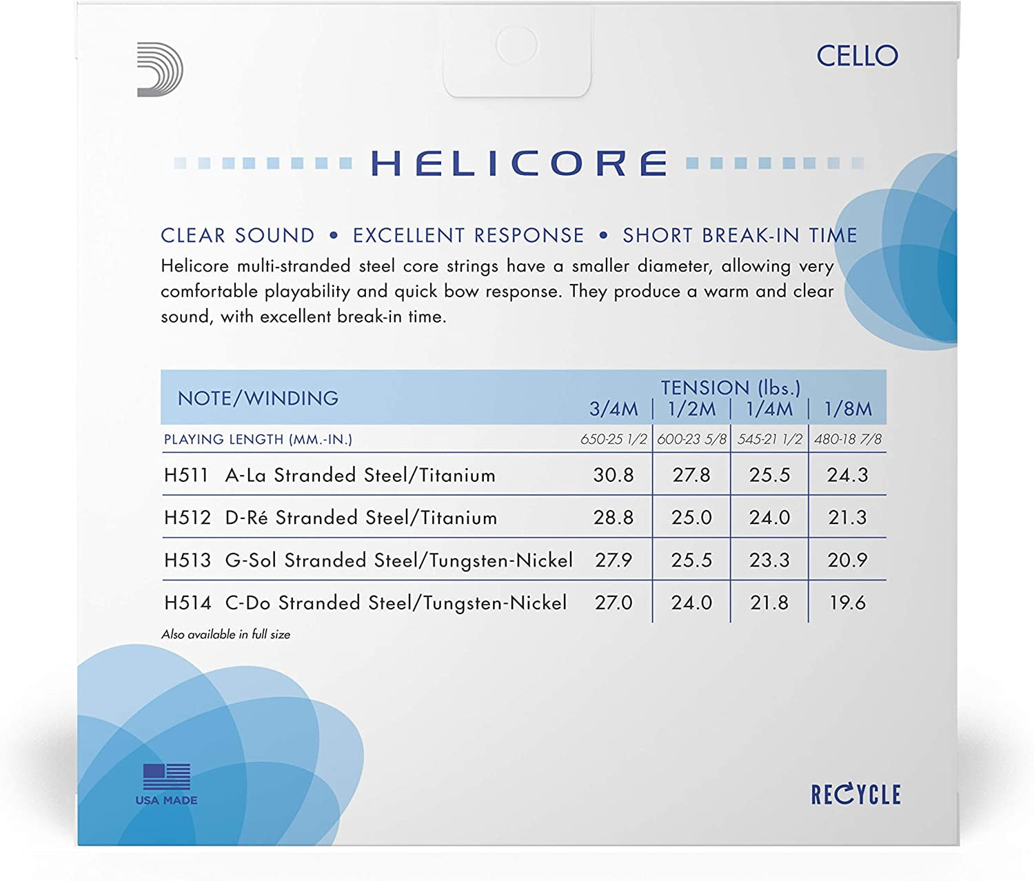 D'Addario Helicore Series Cello String Set 1/2 Size