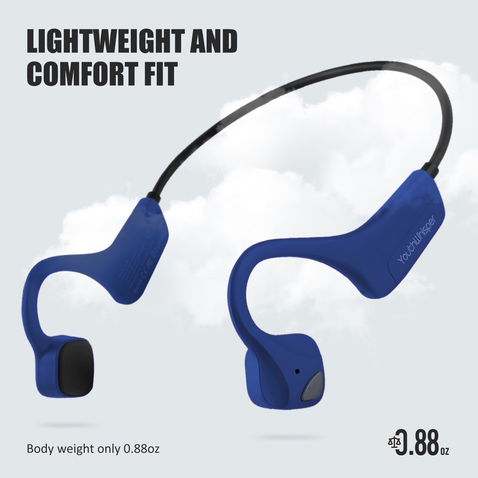 YouthWhisper Bone Conduction Headphones Bluetooth Open Ear Headset Wireless Bluetooth Sports Earphones with Built-in Mic Waterproof for Workout