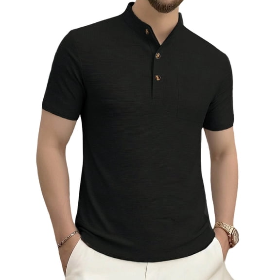 Timoontee Men's Short Sleeve T-Shirt Stand Collar Solid Color Casual Lightweight All Season Easy Care Everyday Wear Black XXL