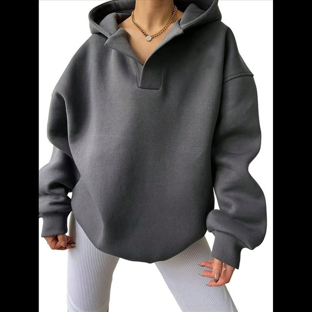 Sudadera con Capucha de Gran Tamaño para Mujer, Cuello en V, Forro , Larga, Estilo Y2K, Ropa de Otoño A Gris Oscuro XXL