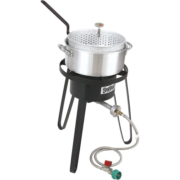 Bayou Classic Outdoor Fryer 10 qt Aluminum Cooker with 21-in Tall Frame and High Pressure Burner