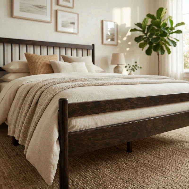 Queen Size Traditional Style Low Profile Platform Bed with Headboard and Footboard, Wood Bed Frame with Rounded Bedpost