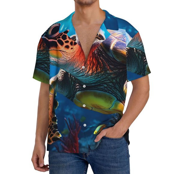Gaeub Ice Blue Ocean Sea Turtle Print Men's Lapel Short Sleeve Shirt,Cuban Shirts For Men,Short Sleeve Button Down Men,for Outdoors Party Travel-4X-Large