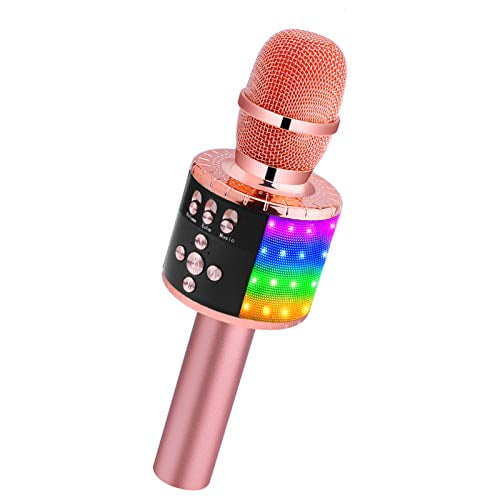 BONAOK Wireless Bluetooth Karaoke Microphone with controllable LED Lights Rose Gold 4 in 1 Portable Karaoke Machine Speaker for Android/iPhone/PC