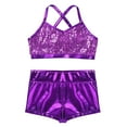 thumbnail image 3 of Yartina Kids Girls 2-Piece Shiny Sequins Crop Top with Booty Shorts Set Gymnastics Dance Outfits Purple 8, 3 of 7