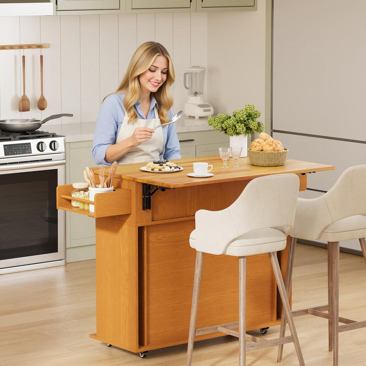 39.4" Rolling Kitchen Island Cart with Drop Leaf Countertop, Sliding Door, Drawers, Spice Rack, and 2-Tier Storage, Yellow Walnut