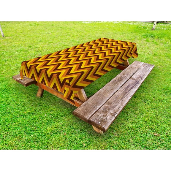 Yellow Chevron Outdoor Tablecloth, Chevron Pattern with Yellow and Brown Lines Classical Retro, Decorative Washable Fabric Picnic Tablecloth, 58 X 104 Inches, Brown Pale Brown Marigold, by Ambesonne