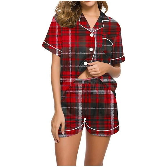 Lorytime Cute Christmas Pjs Sets for Women Plaid Short Sleeved Collared Button Down Shirt Sleep Shorts Cozy Loungewear Gift