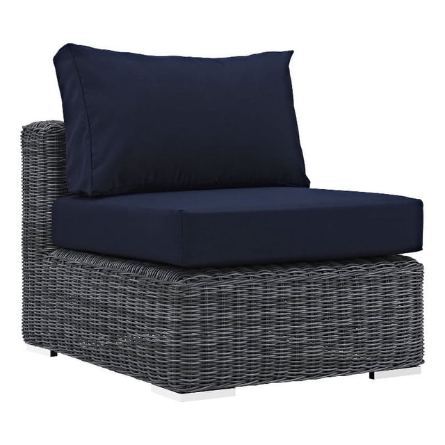 Modway Summon Aluminum and Rattan Patio Armless Sofa Chair in Canvas/Navy