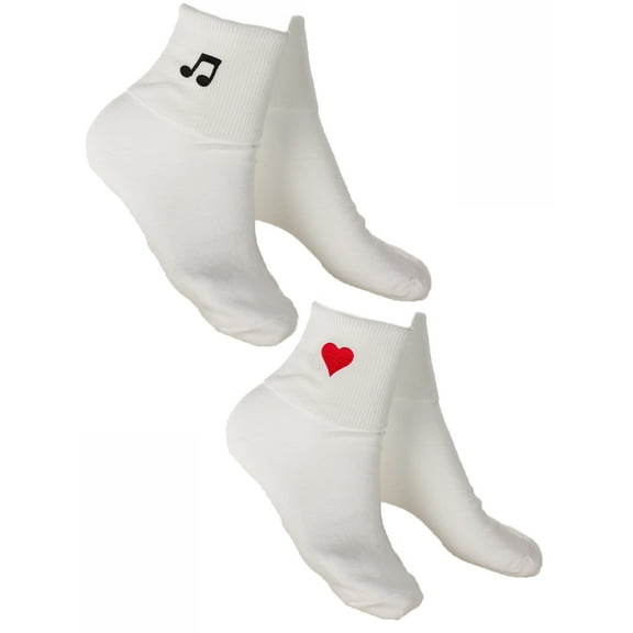 2 Pair White Bobby Socks w Heart & Music Appliques - Womens Socks Sz 9-11
