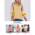 thumbnail image 6 of SHEWIN Tops for Women Boho Shirts Floral Print Striped Blouse Color Block Oversized Spring Summer 3/4 Length Sleeve Patchwork Tunic Tops Yellow, 6 of 8