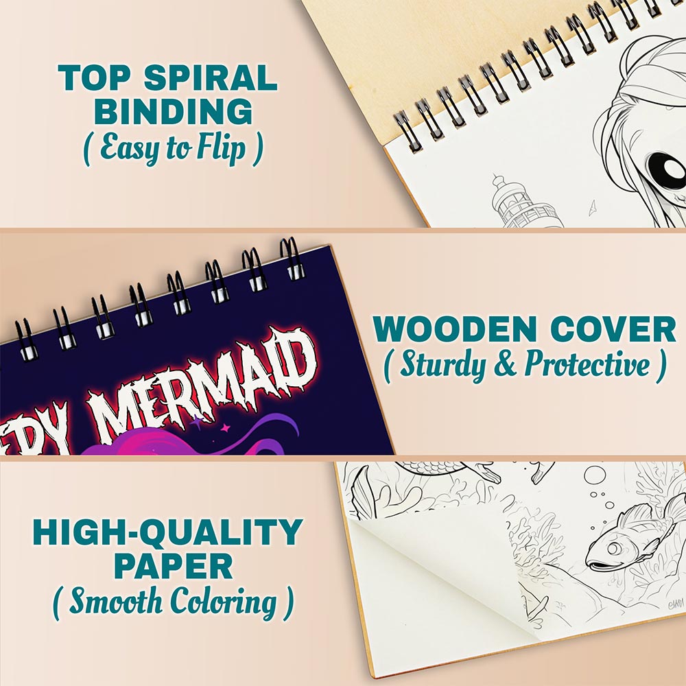 Netecom Creepy Mermaid Coloring Book Spiral Bound for Adults, A5 Wooden Cover, 30 Spooky Coloring Pages of Dark Fantasy Creatures in Ocean Relaxed for Stress Relief and Relaxation