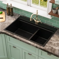 33 in. 60/40 Double Bowl Granite Composite Drop-in Kitchen Sink in Black with Grid and Strainer
